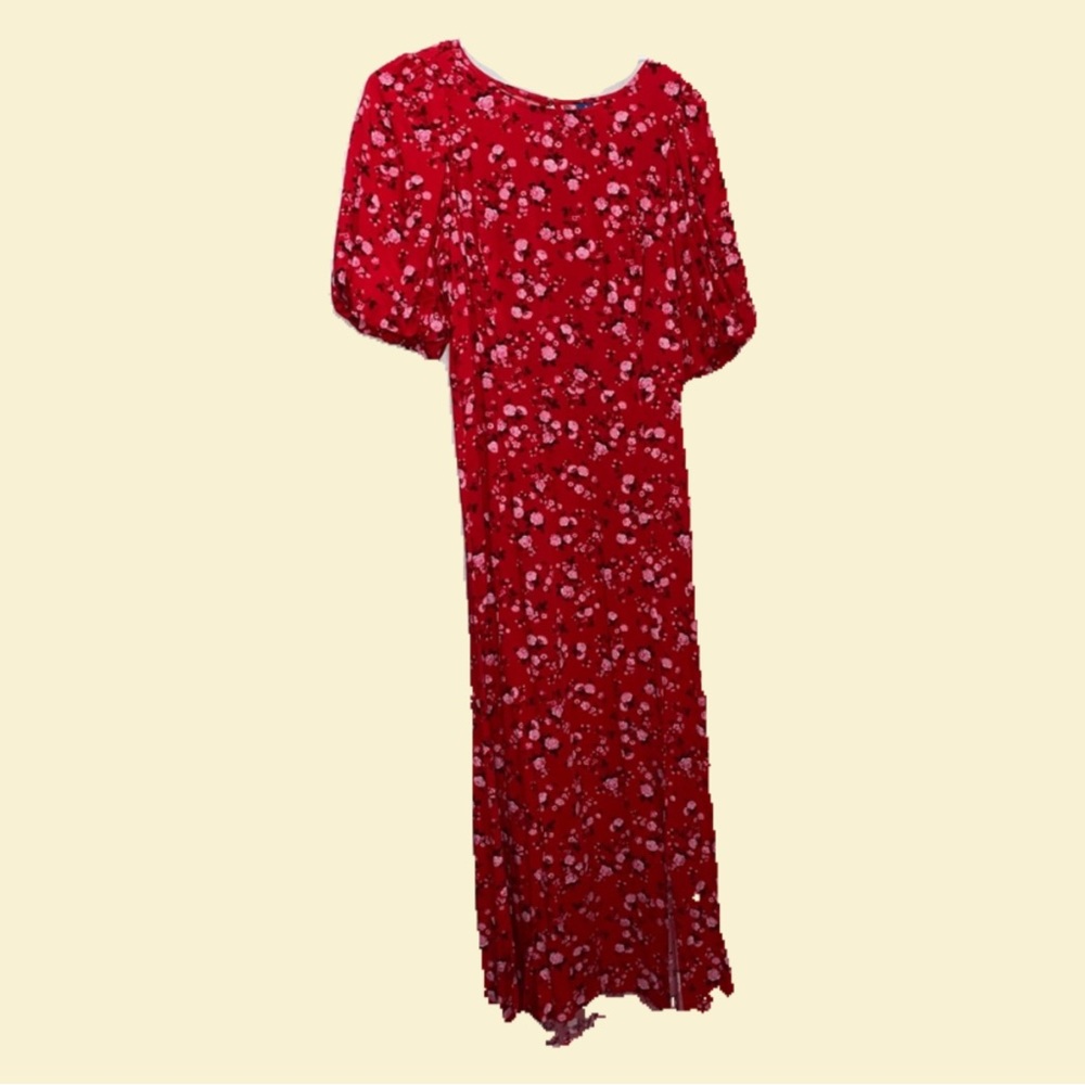Red, short puffed sleeve, midi, open back